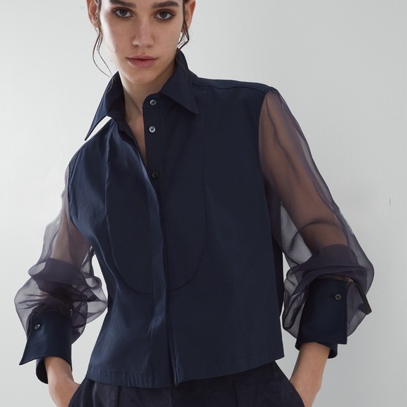 Brunello Cucinelli Navy Sheer Sleeve Blouse size XS - Picture 3 of 16